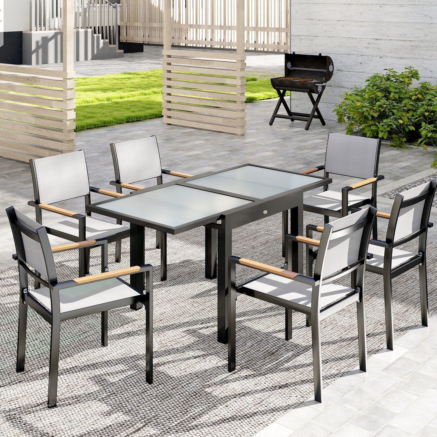 Extending Garden Table, Outdoor Dining Table with Aluminium Frame and Tempered Glass Tabletop, 80/160 x 80 x 75 cm