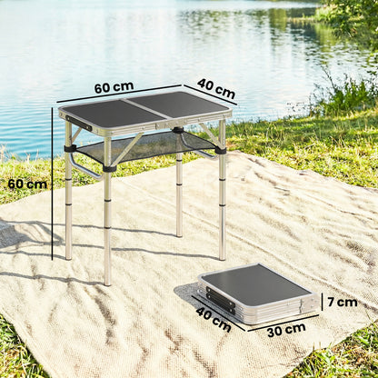 2ft Folding Camping Table, Picnic Table with Mesh Storage Layer, 4 Adjustable Heights and Carrying Handle, Black