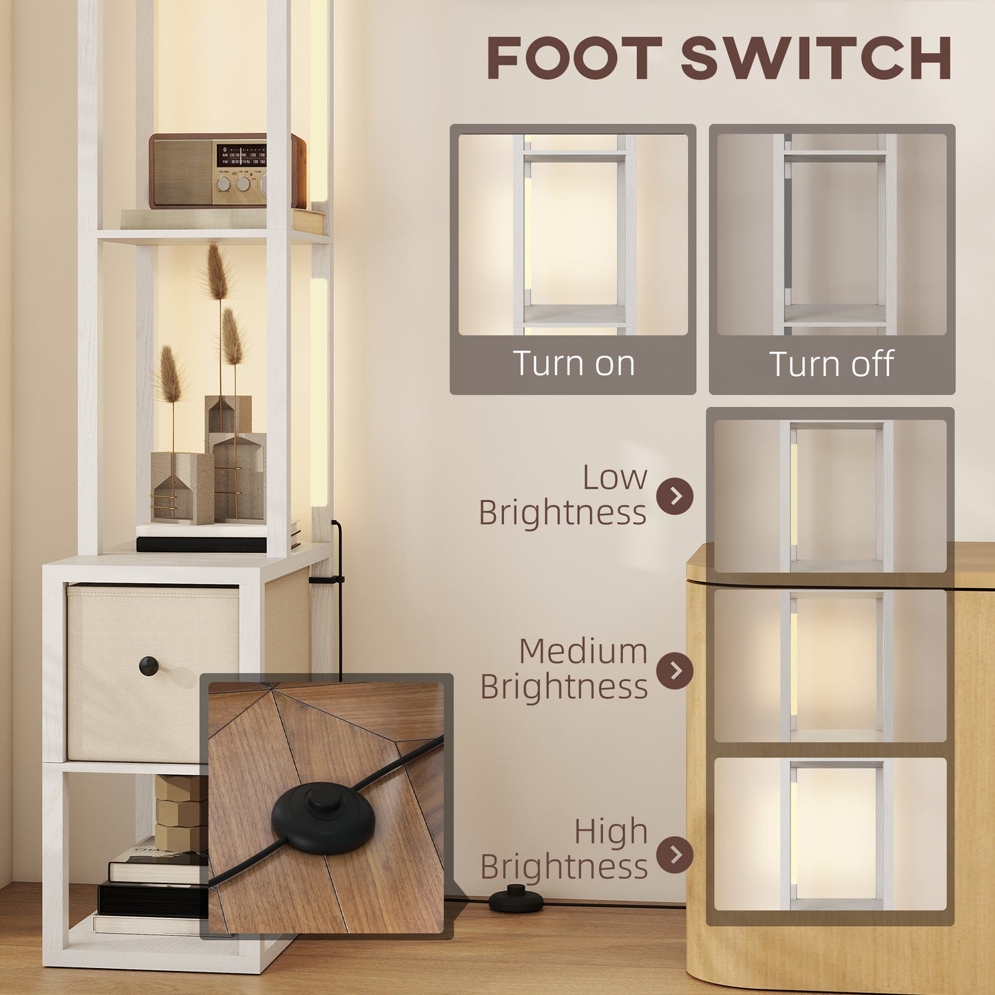 Floor Lamp with Shelves, LED Column Modern Standing Lamp with Fabric Drawer, Adjustable Brightness
