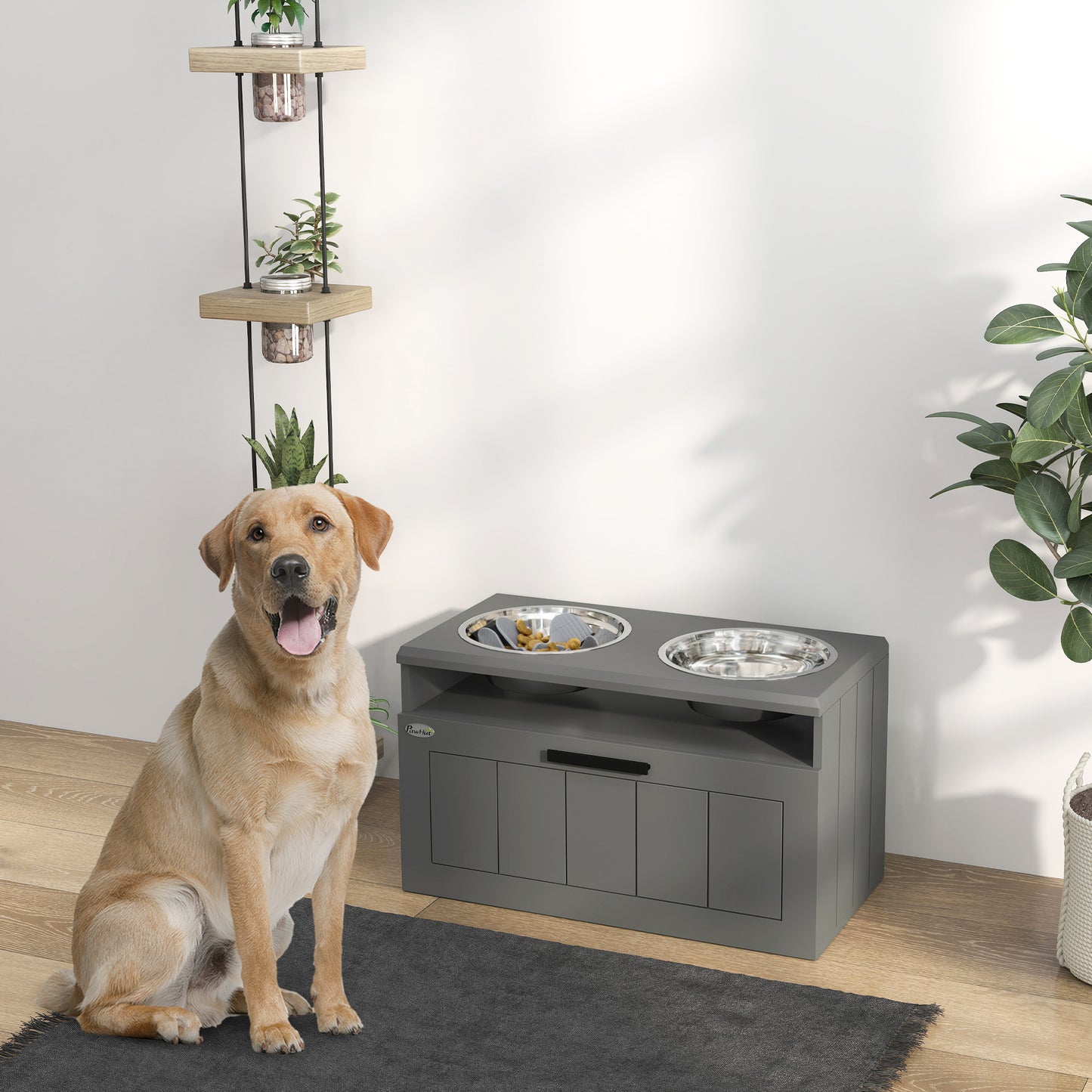Raised Dog Bowl with Slow Feeder, Two Stainless Steel Dog Bowls, Drawer, for Large and Extra Large Dogs, Grey