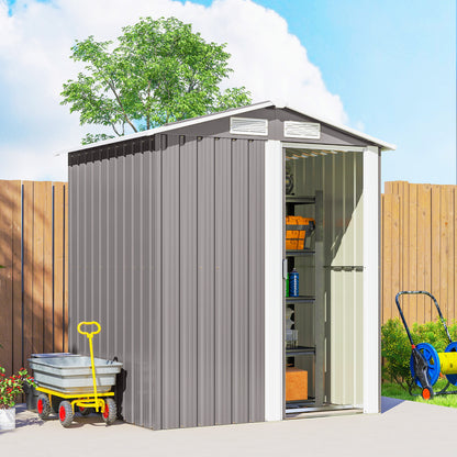 Garden Metal Tool Storage Shed with Sliding Door, Sloped Roof and Foundation Kit, 152 x 132 x 188cm, Grey