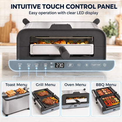 3-in-1 Electric Mini Oven, Long Slot Toaster and Tabletop Grill, with LED Display, 60 Min Timer, Stainless Steel, 1700W
