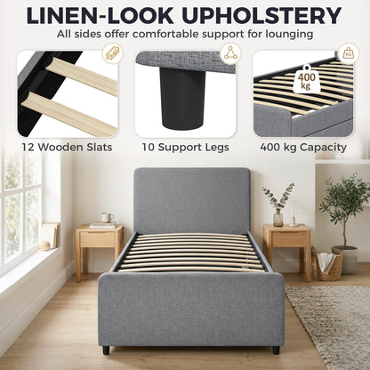 3ft Single Bed Frame with Trundle, Upholstered Pull Out Trundle Bed with Headboard and Footboard, Dark Grey