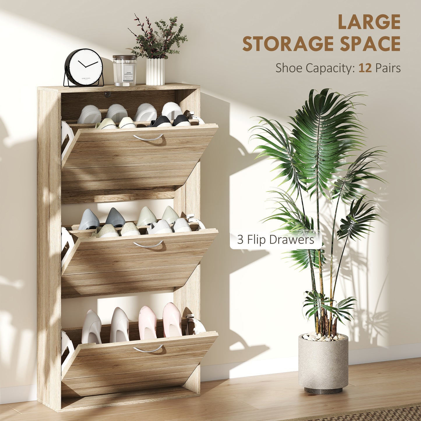 12-Shoe Flip Drawer Storage Cabinet - Brown Wood-Effect