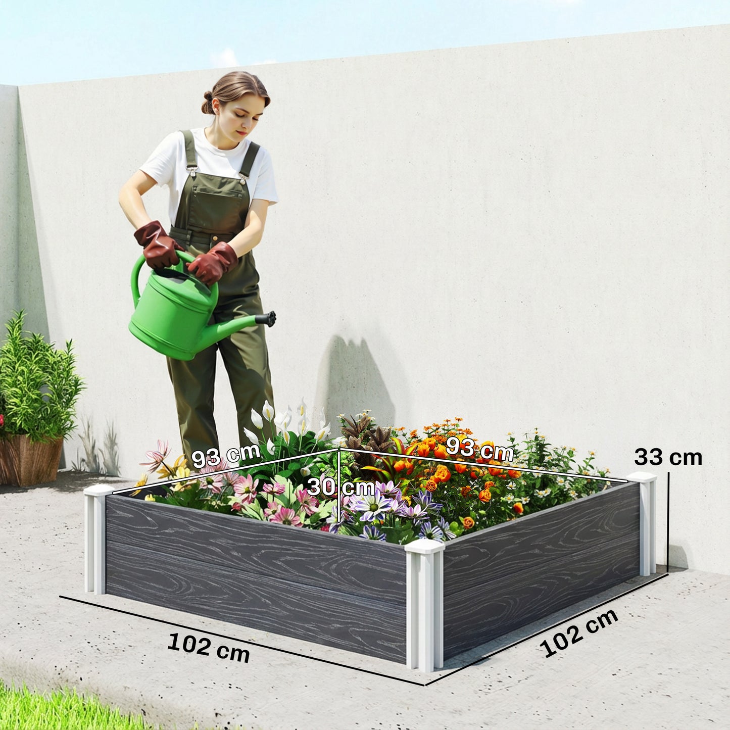 Vinyl Raised Garden Bed Kit, 3 x 3 x 1ft Modular Elevated Garden Box with Slotting Legs and Open Bottom, Dark Grey