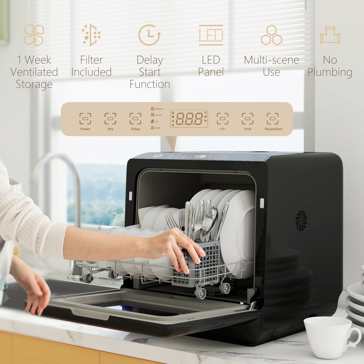 6L Five-Mode Tabletop Dishwasher - Black