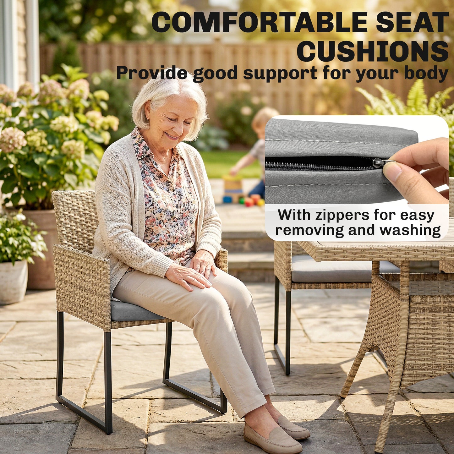 7 Piece Rattan Garden Furniture Set, Garden Dining Set with Wood-Plastic Table and 6 Stackable Chairs, Dark Grey