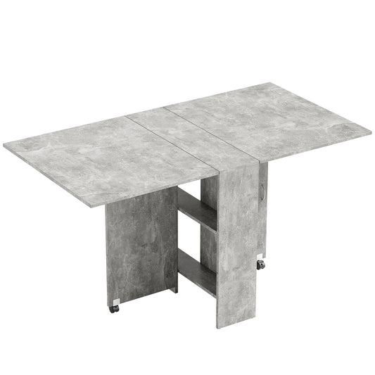 80-140 cm Folding Dining Table for 4-6 People, Drop Leaf Table with 2-Tier Shelves, Rolling Casters, for Small Spaces