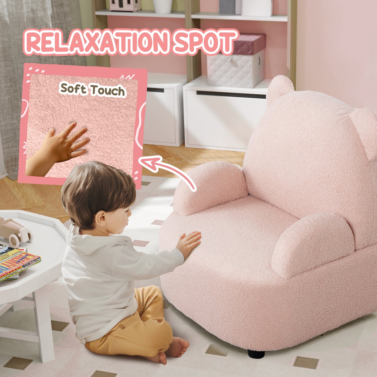 Kids Armchair, Bear Shaped Toddler Chair for Bedroom Playroom Living Room, Aged 18 Months to 3 Years - Pink