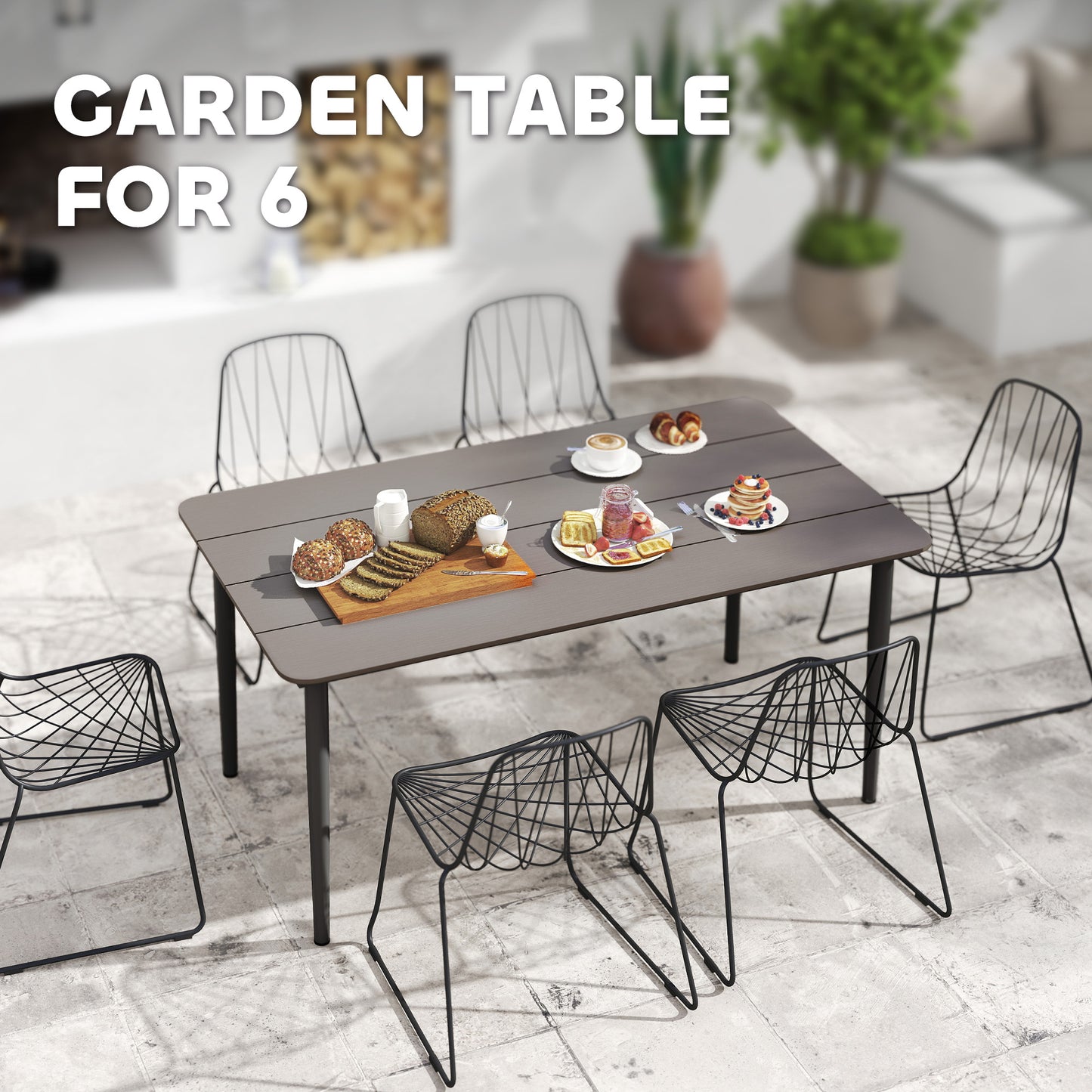 Garden Table, Outdoor Dining Table for 6 People, 160 x 90 x 74 cm, with Rust Resistant Metal Frame, WPC Top, for Balcony