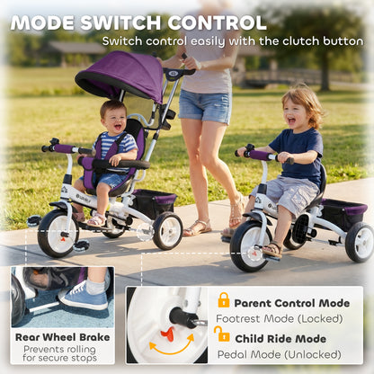 6 in 1 Kids Trike Push Bike w/ Push Handle, Canopy, 5-point Seat Belt, Storage, Footrest, Brake, for 1-5 Years, Purple