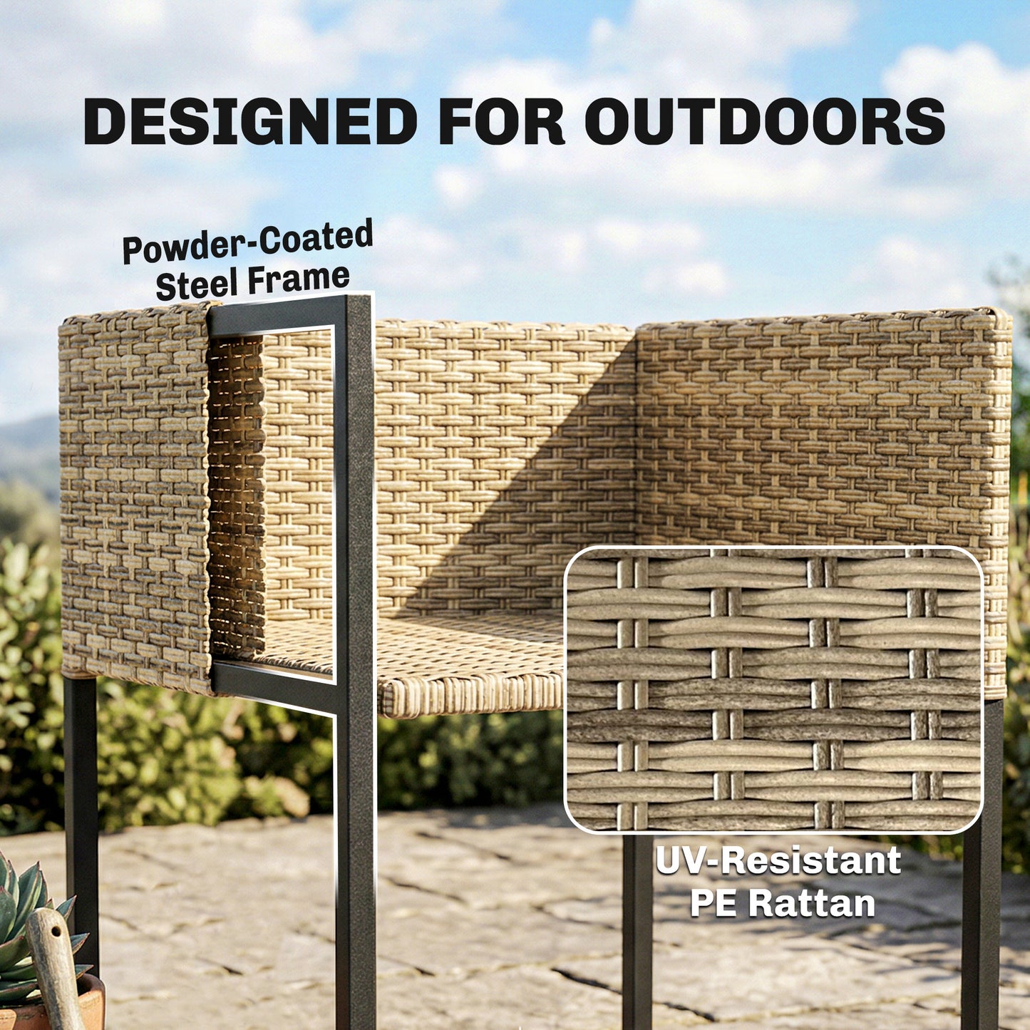 7 Piece Rattan Garden Furniture Set, Garden Dining Set with Wood-Plastic Table and 6 Stackable Chairs, Light Brown