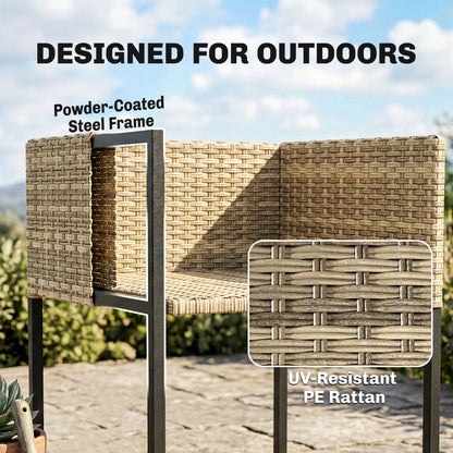 7 Piece Rattan Garden Furniture Set, Garden Dining Set with Wood-Plastic Table and 6 Stackable Chairs, Light Brown
