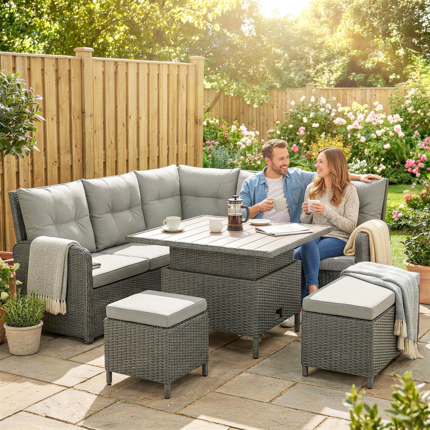 6 Pieces Outdoor PE Rattan Garden Furniture, Patio Wicker Sectional Conversation Corner Sofa