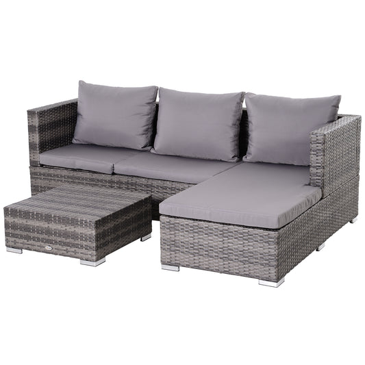 3PC Rattan Garden Furniture Storage Sofa Set, 4 Seater Wicker Coffee Table Conservatory Sun Lounger Reclining Set with Cushio