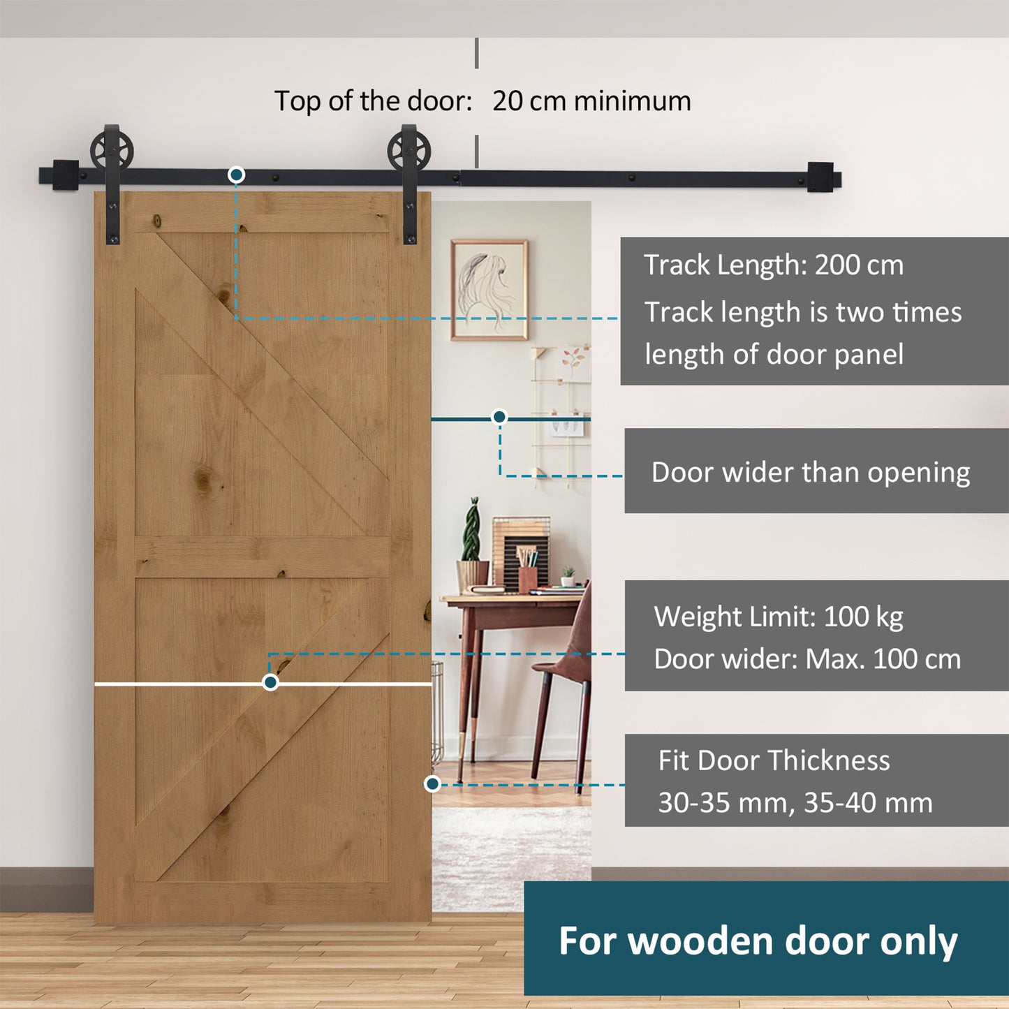 6.6 FT/ 2000mm Carbon Steel Sliding Barn Door Kits Hardware Closet Set Track System for Single Wooden Door Industrial Wheel S