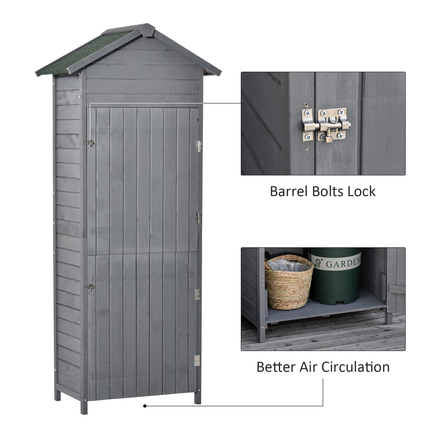 Wooden Garden Storage Shed Utility Gardener Cabinet w/ 3 Shelves, Tilted-felt Roof and Two Lockable Doors