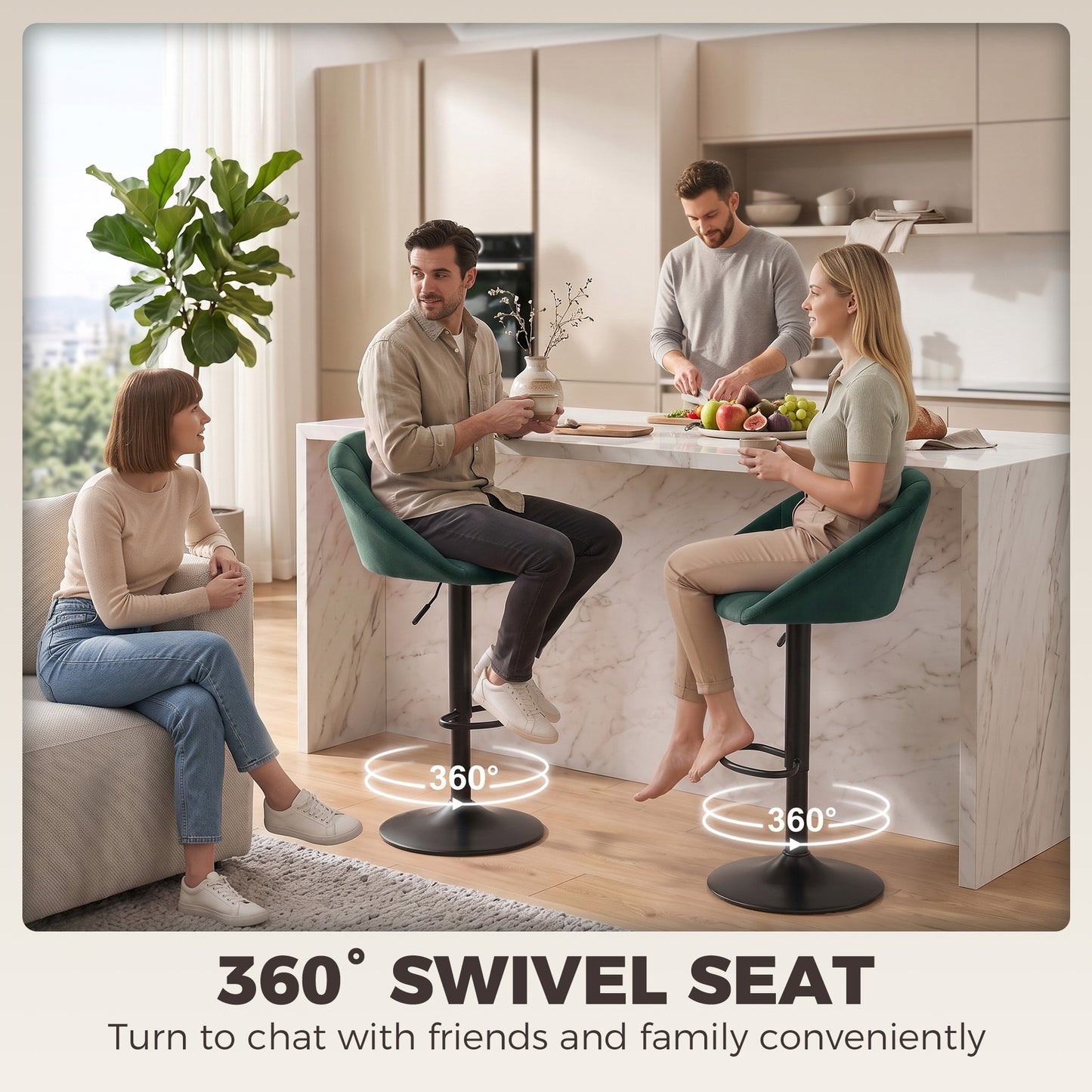 Bar Stools Set of 2 Adjustable Swivel Velvet Breakfast Bar Stools with Backrest, Dark Green