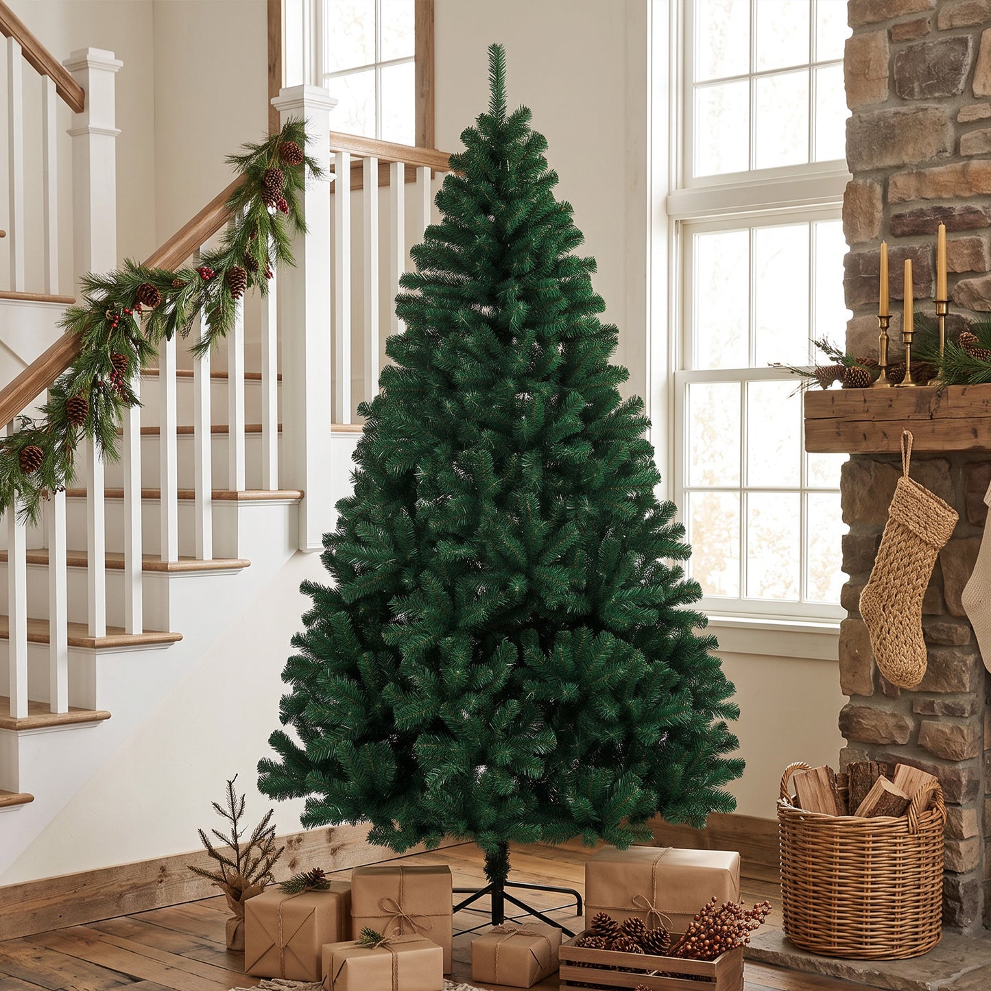 7ft Artificial Christmas Tree, Fir Hinged Xmas Tree with 1100 Branch Tips, Foldable Steel Stand, Green