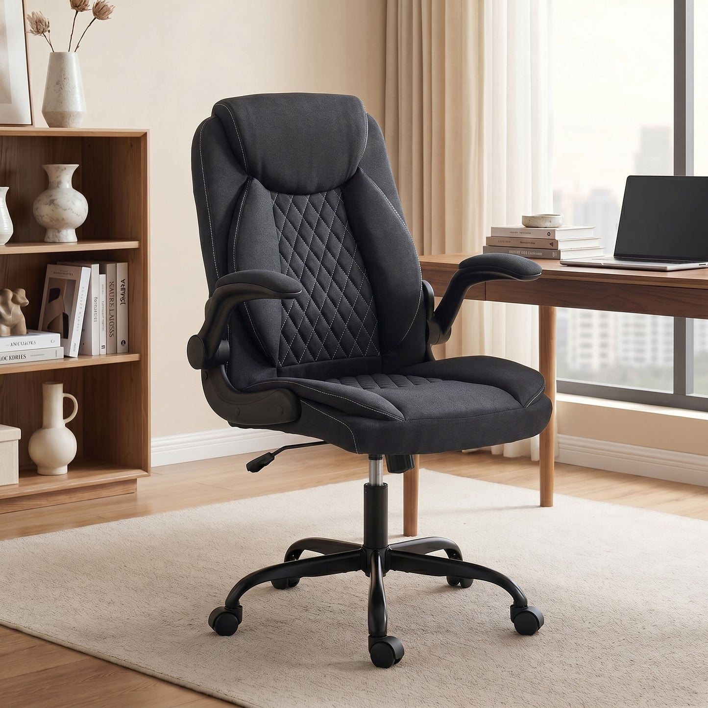 Linen-Look Computer Desk Chair, Executive Office Chair with Flip-Up Armrests and Thick Cushion, Black