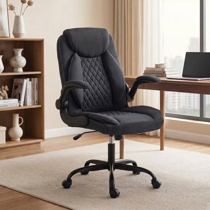 Linen-Look Computer Desk Chair, Executive Office Chair with Flip-Up Armrests and Thick Cushion, Black