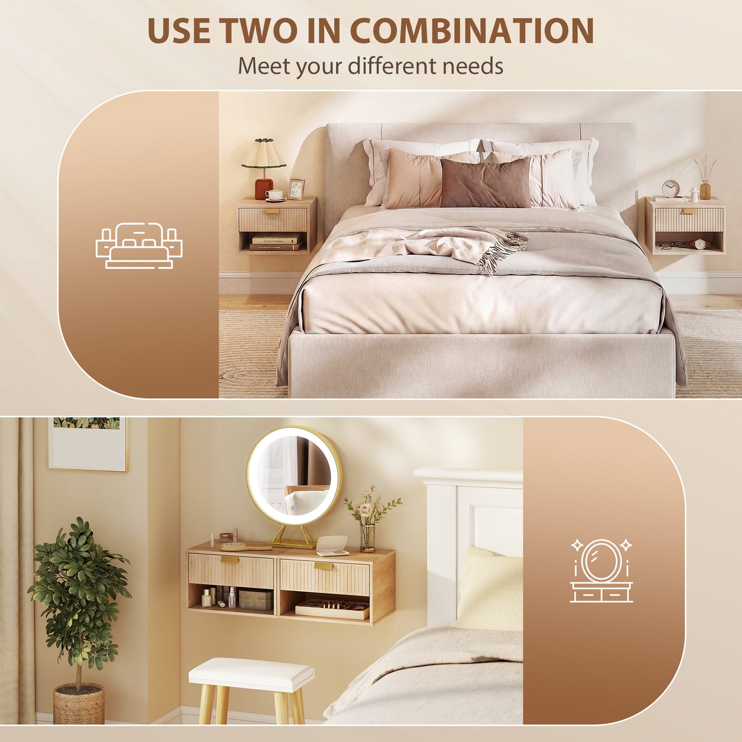 Set of 2 Wall Mounted Nightstands, Floating Bedside Tables with Fluted Drawer and Open Shelf for Small Bedroom, Oak