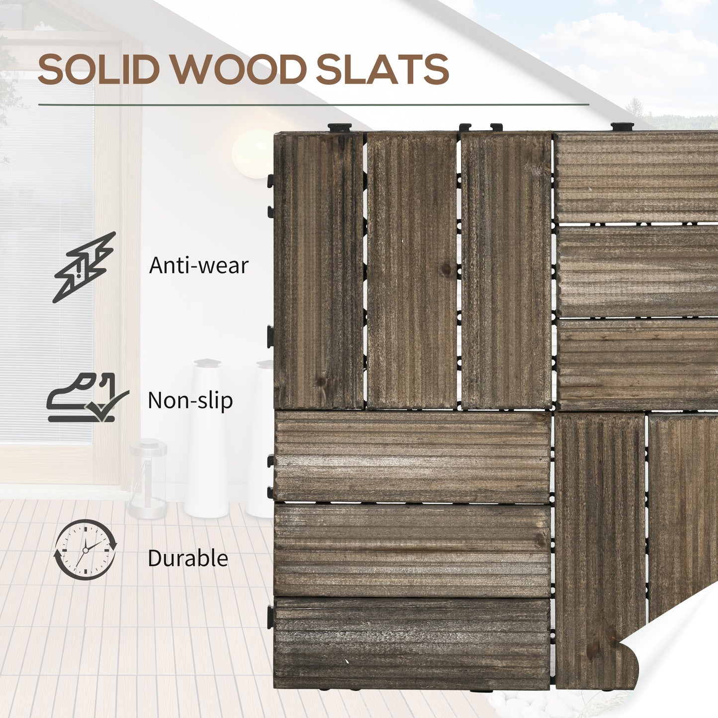 27 Pcs Wooden Interlocking Decking Tiles, Outdoor Flooring Tiles for Patio, Balcony, Terrace, Hot Tub, 30 x 30 cm per Piece