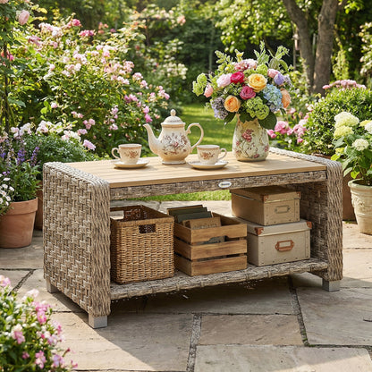 Outdoor Coffee Table with Storage Shelf, PE Rattan Side Table with Slatted Top and Foot Pads, Light Brown