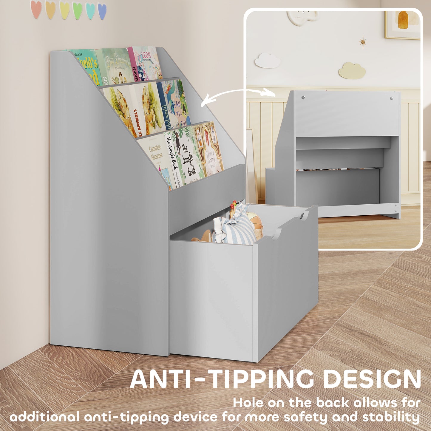 Bookcase for Kids with Shelves, Drawer, Bookcase for Bedroom, Playroom, Grey