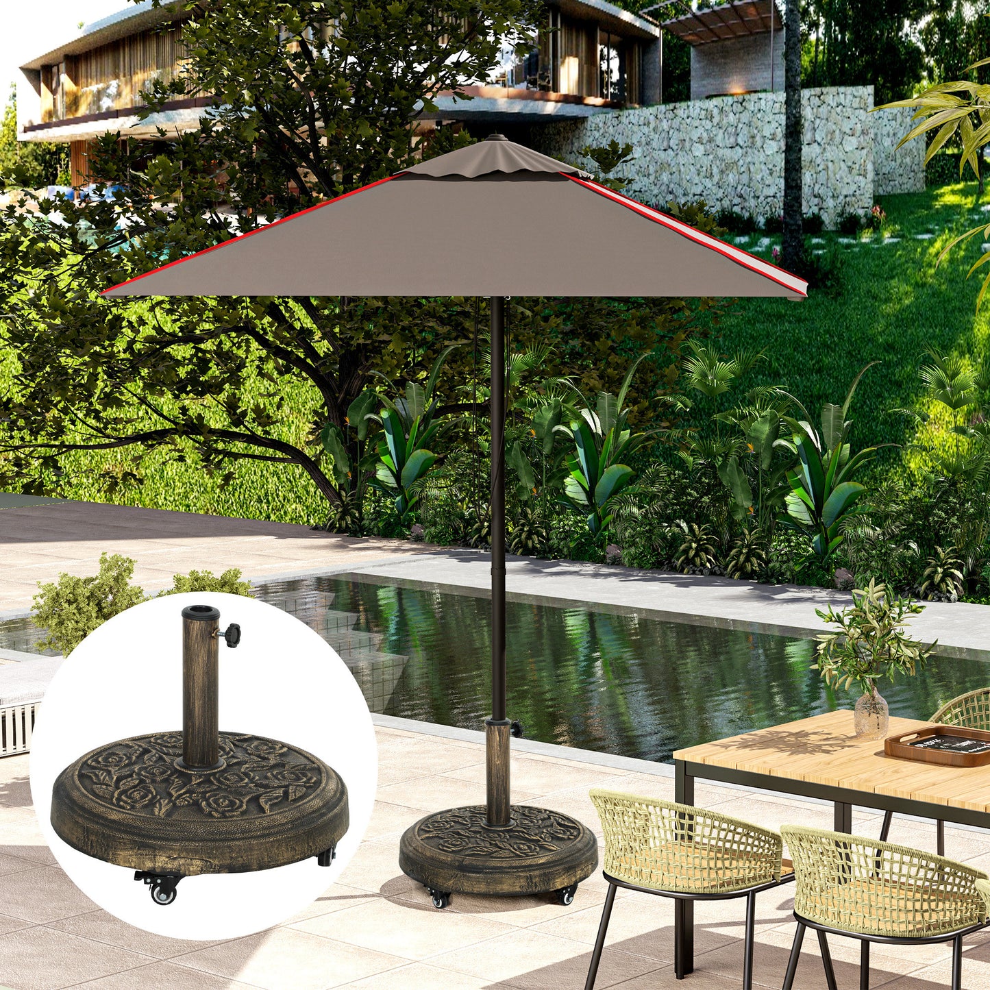 Parasol Base, Umbrella Base with Wheels Cast Iron Effect, for Umbrella, Canopy, Weather Resistant, Bronze Tone