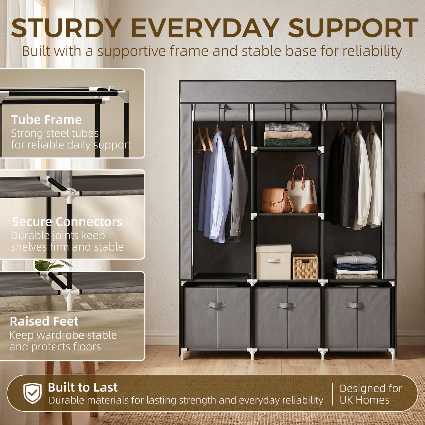 Foldable Fabric Wardrobe for Bedroom, Portable Wardrobe with 5 Shelves, 2 Hanging Rails and 3 Fabric Drawers, Dark Grey