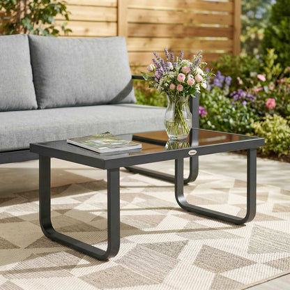 Outdoor Garden Coffee Table, Rectangle Metal Side Table with Tempered Glass Tabletop, Adjustable Foot Pads