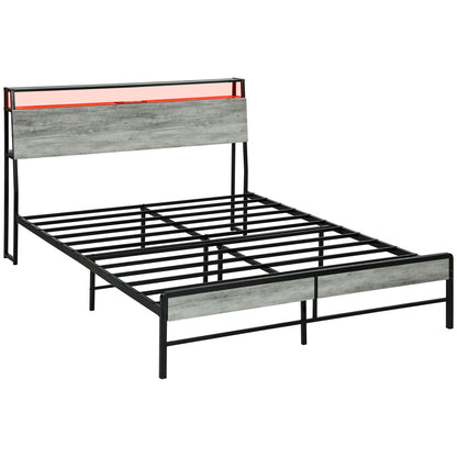 Double Steel Bed Frame, with LED Lights and Shelf - Grey