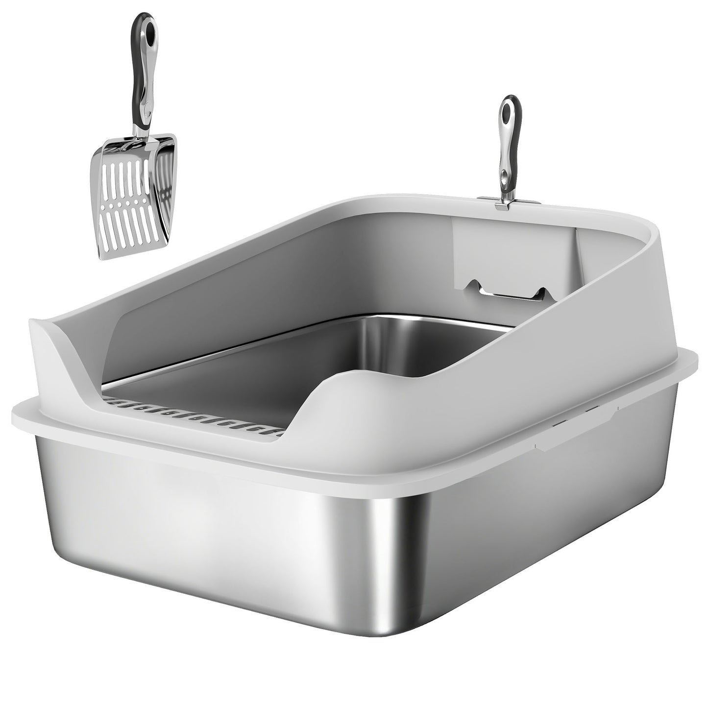 XXL Stainless Steel Cat Litter Box with High Sides, Metal Scoop, 70 x 50 x 30 cm