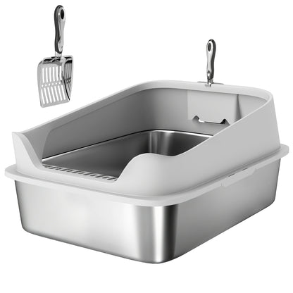 XXL Stainless Steel Cat Litter Box with High Sides, Metal Scoop, 70 x 50 x 30 cm