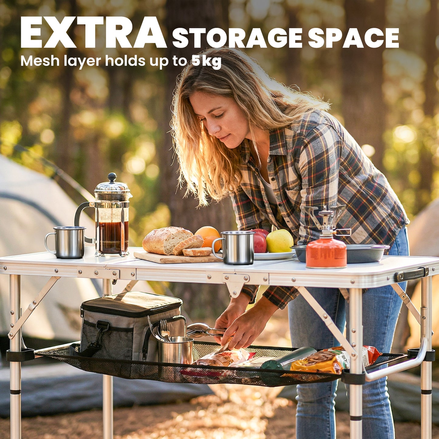 3ft Folding Camping Table, Picnic Table with Mesh Storage Layer, Carrying Bag and Metal Frame, Cream White