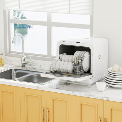 Table Top Dishwasher with Built-in 6L Water Tank, Mini Countertop Dishwasher with 6 Programs, 4 Place Settings, White