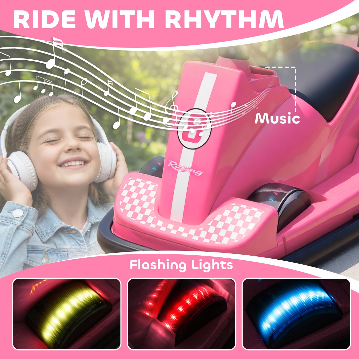 Kids Bumper Car, 360° Rotation Spin Electric Waltzer Car with LED Lights, Music for Ages 3-8 Years Old, Pink