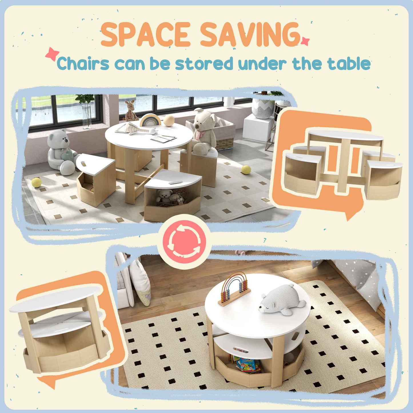 Five-Piece Kids Table and Chairs Set with Storage, for Ages 3-8 Years, White