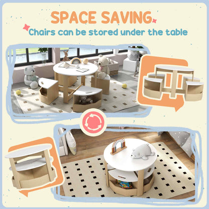 Five-Piece Kids Table and Chairs Set with Storage, for Ages 3-8 Years, White