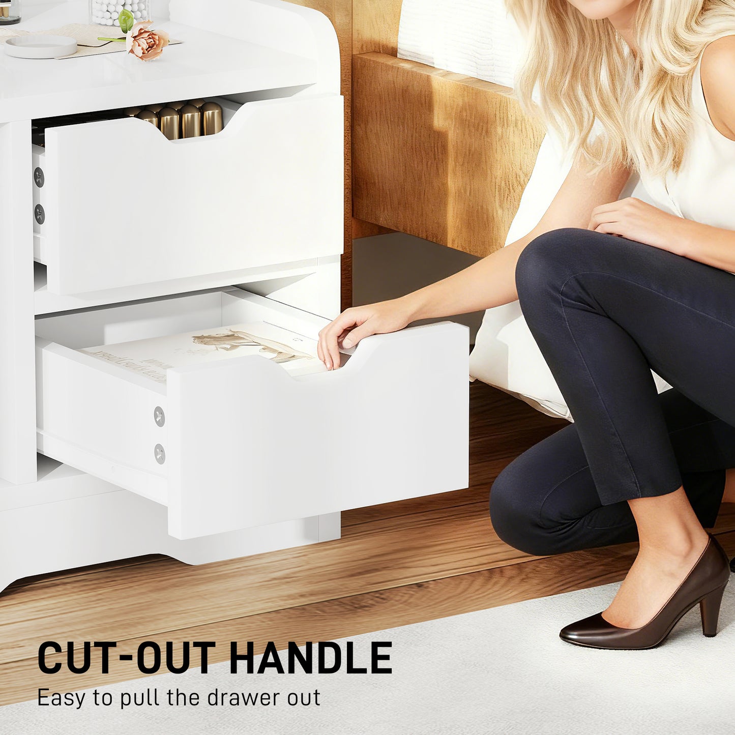 Bedside Table with 2 Drawers and Open Shelves - High Gloss White