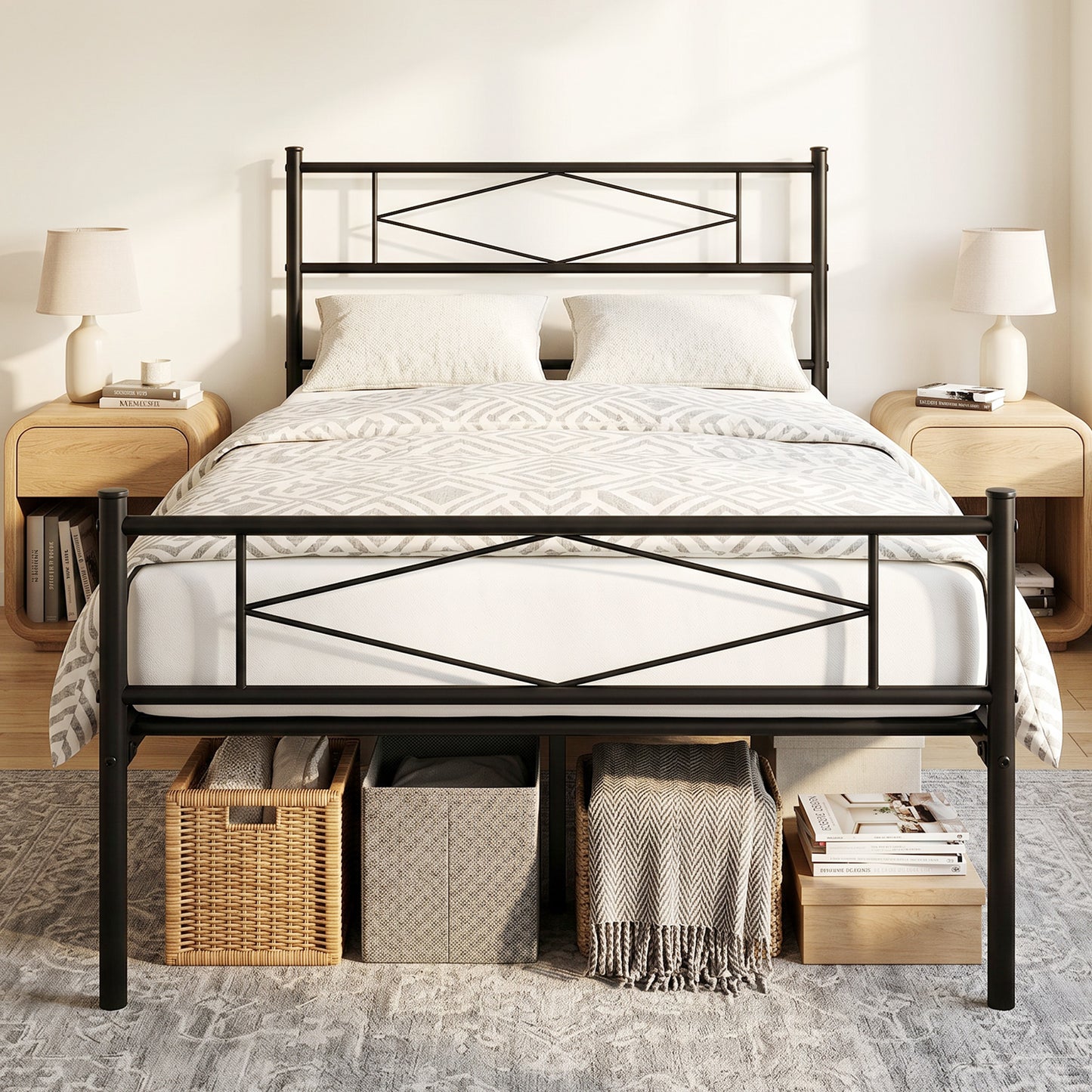 3ft Single Bed Frame with Headboard and Footboard, Metal Platform Bed Frame with 32 cm Underbed Storage, Black