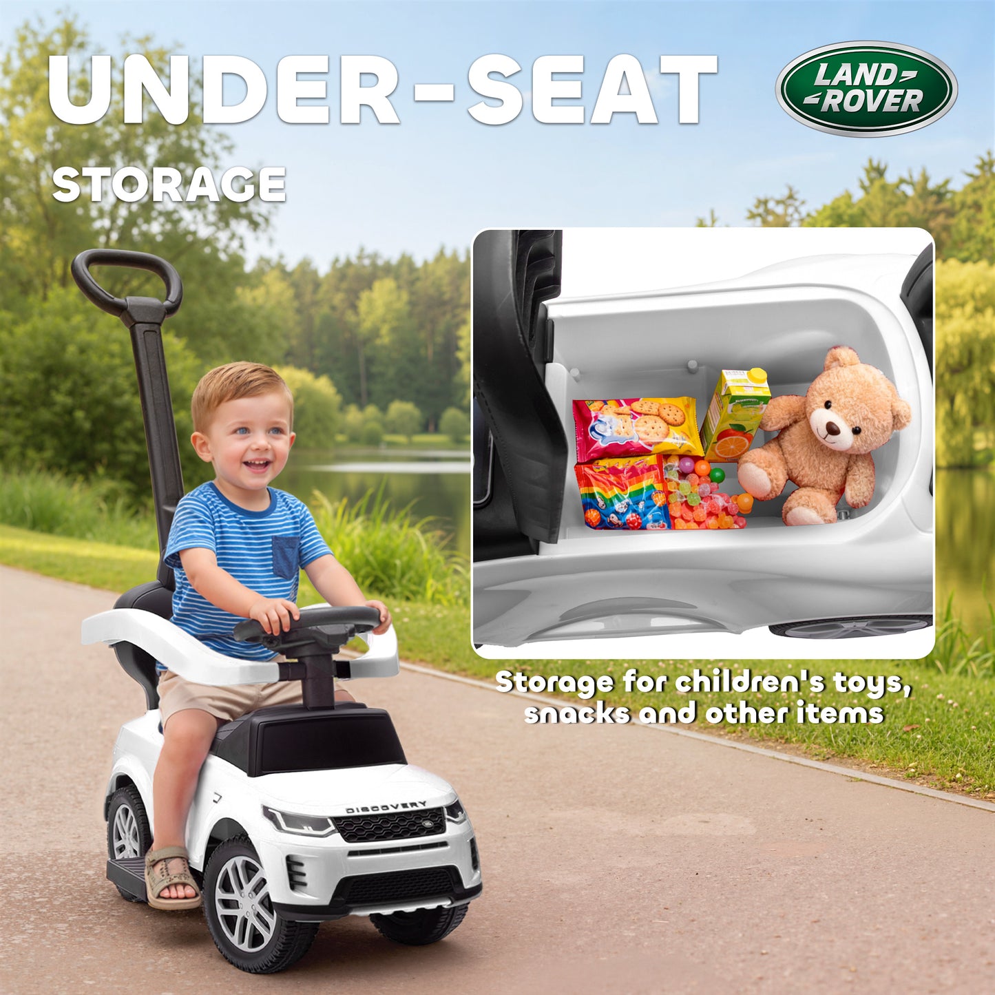 Land Rover Discovery Licensed Baby Push Car, 2-in-1 Ride on Car with Push Handle and Safety Guardrail, White