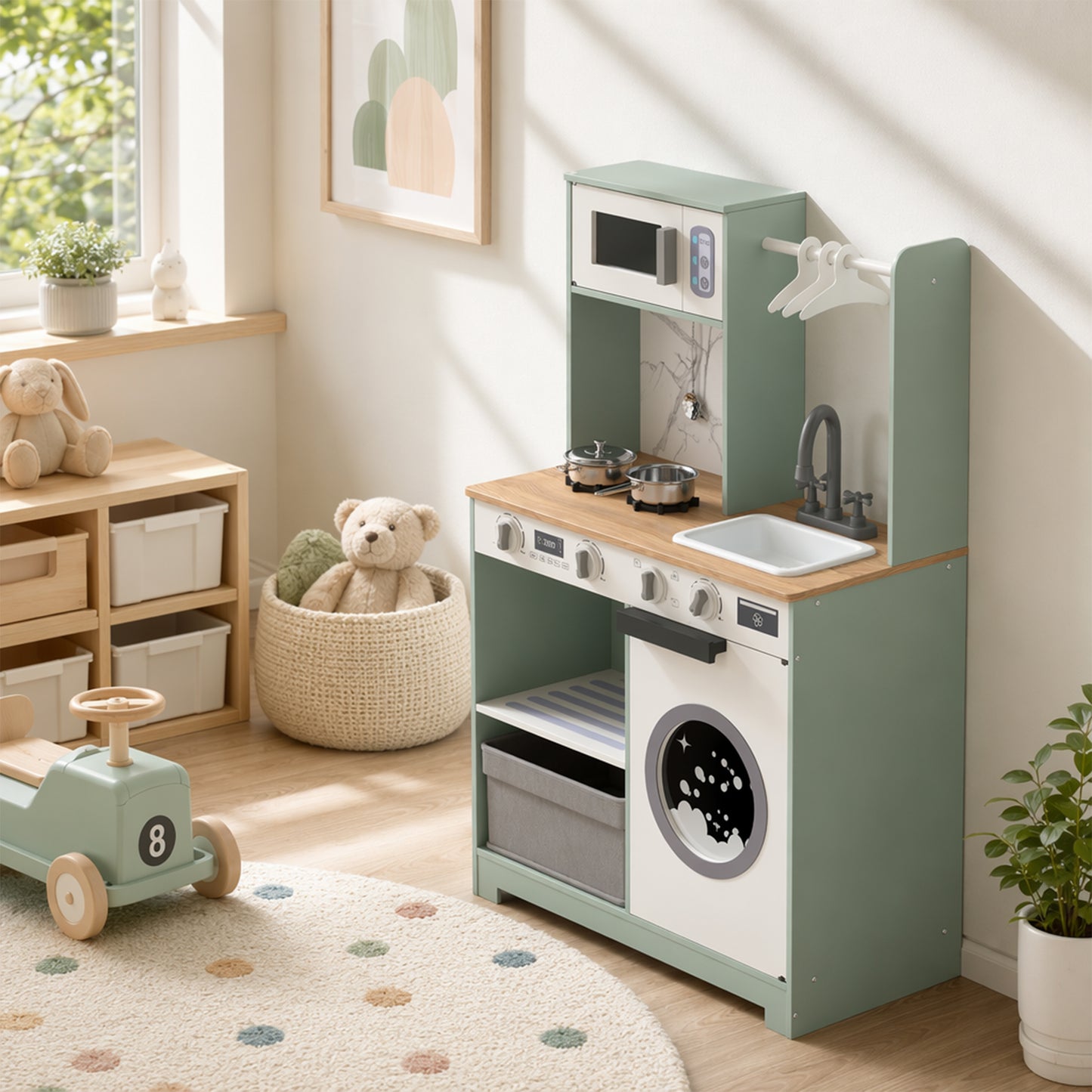 Kids Play Kitchen, Pretend Play Toy Kitchen Playset with Stove, Sink, Microwave, 5Pcs Accessories for 3-6 Years, Green