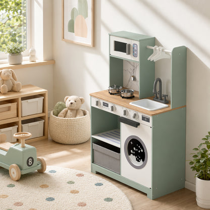 Kids Play Kitchen, Pretend Play Toy Kitchen Playset with Stove, Sink, Microwave, 5Pcs Accessories for 3-6 Years, Green