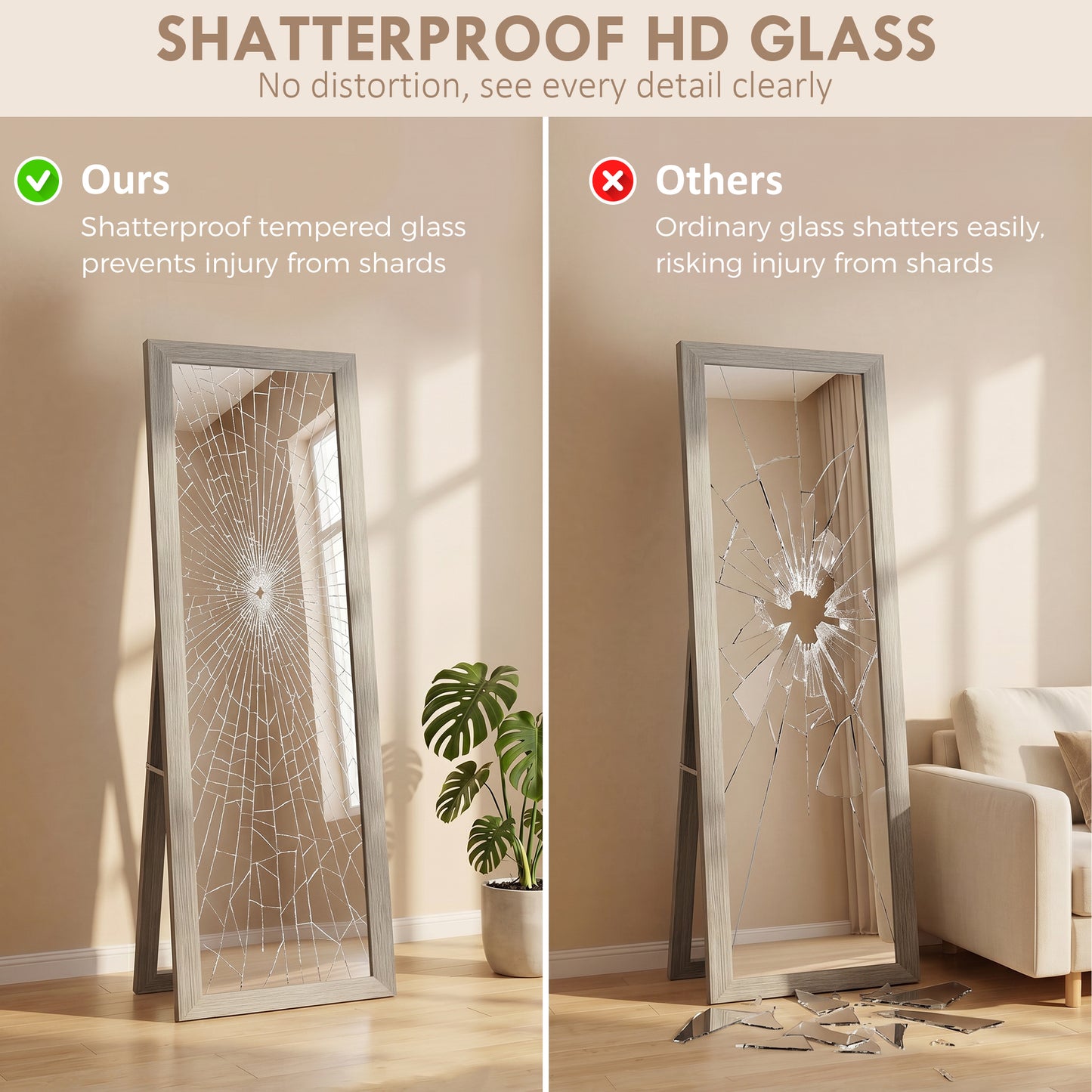 Full Length Mirror, 37 x 157 cm, Hanging or Freestanding, Rectangular Full Body Mirror for Living Room, Bedroom, Grey