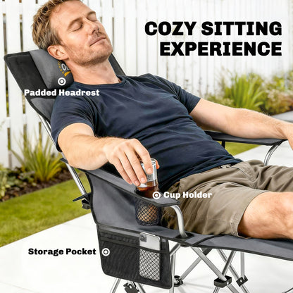 Set of 2 Reclining Folding Camping Chair w/ Detachable Footrest, Storage Bag, Cup Holder & Headrest