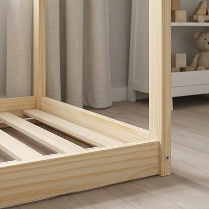 Single Bed Frame, House Scandinavian Wooden Bed Frame for 90W x 190Dcm Mattress, Pine Wood Bed Base, Natural Wood Finish