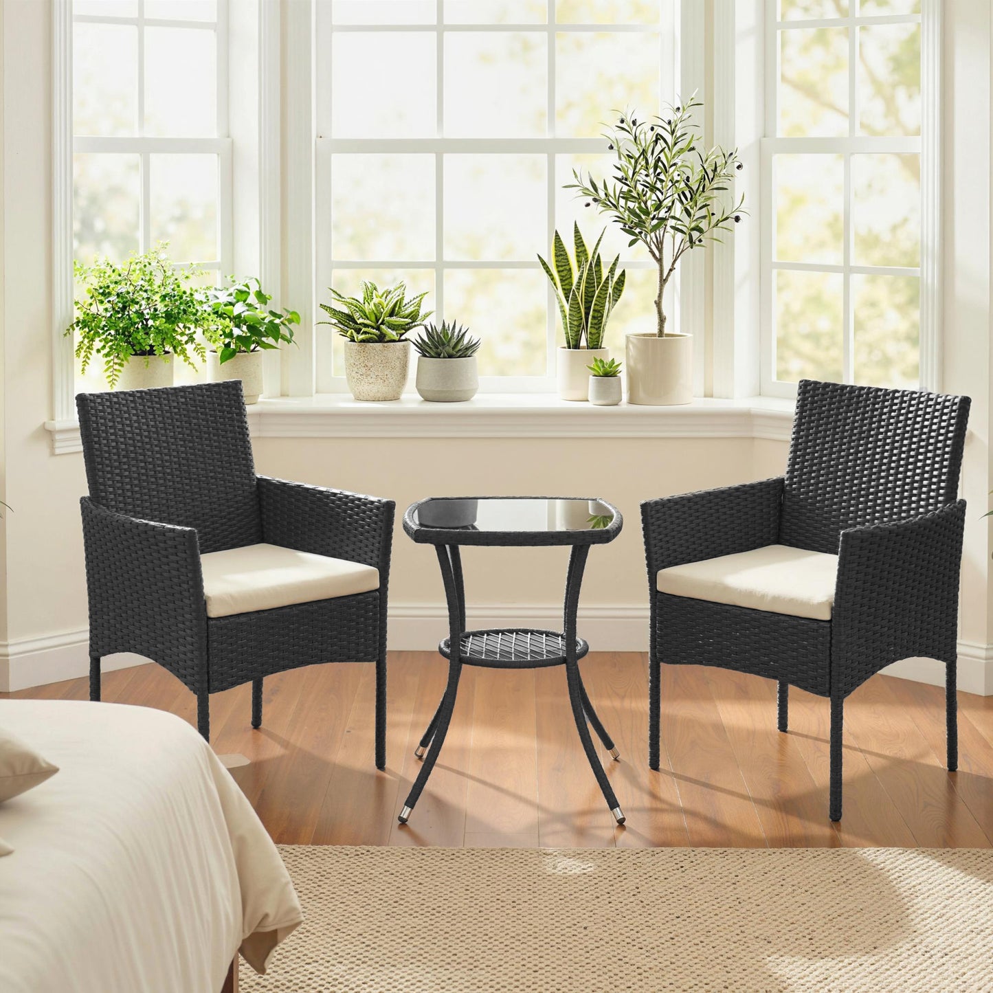 3 Piece Rattan Bistro Set, PE Wicker Garden Furniture Conversation Set with 2 Tier Glass-Top Table, Chairs, Cream White