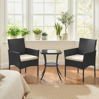 3 Piece Rattan Bistro Set, PE Wicker Garden Furniture Conversation Set with 2 Tier Glass-Top Table, Chairs, Cream White